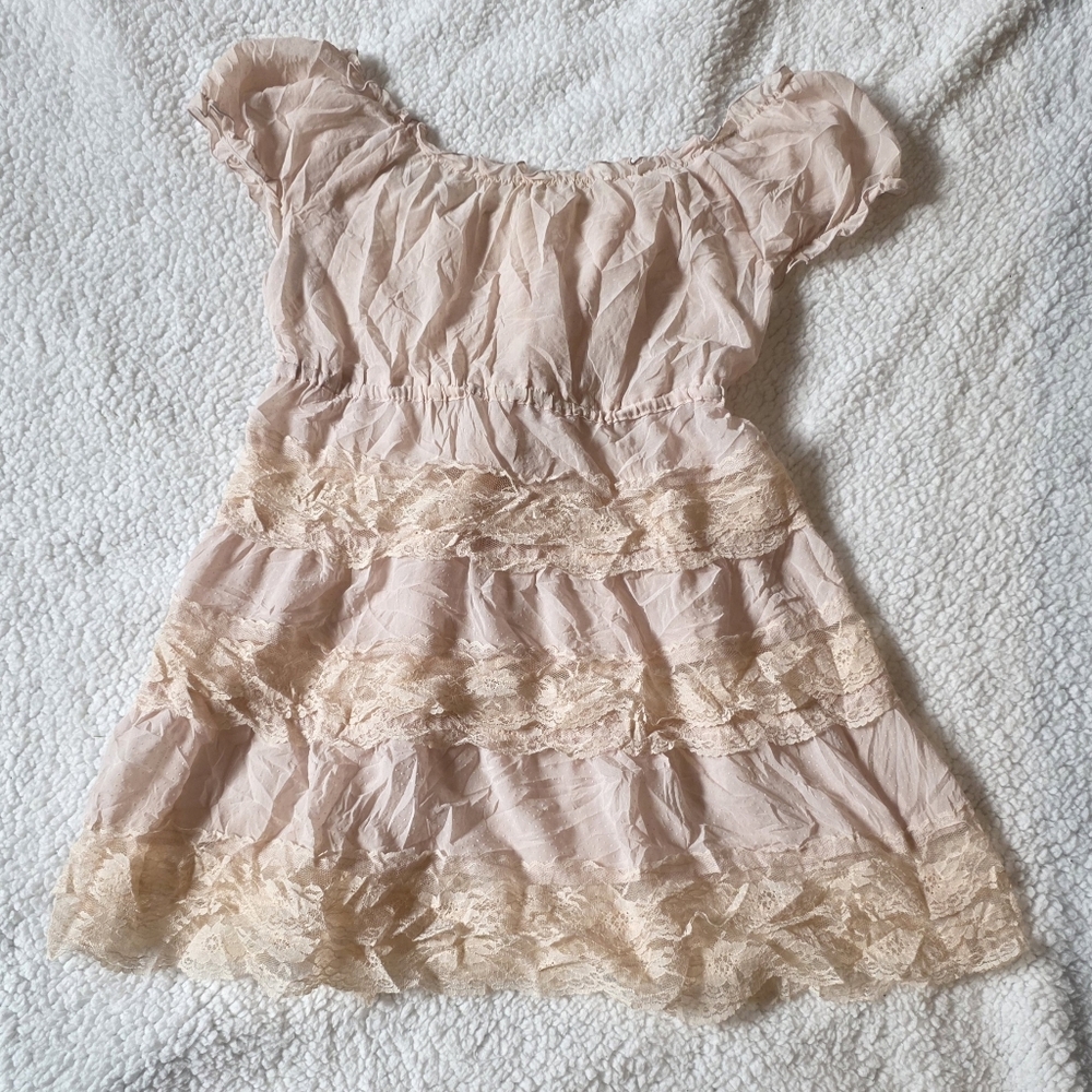 Posset Pot Japanese brand pink lace babydoll layered dress with tie - Picture 5 of 8